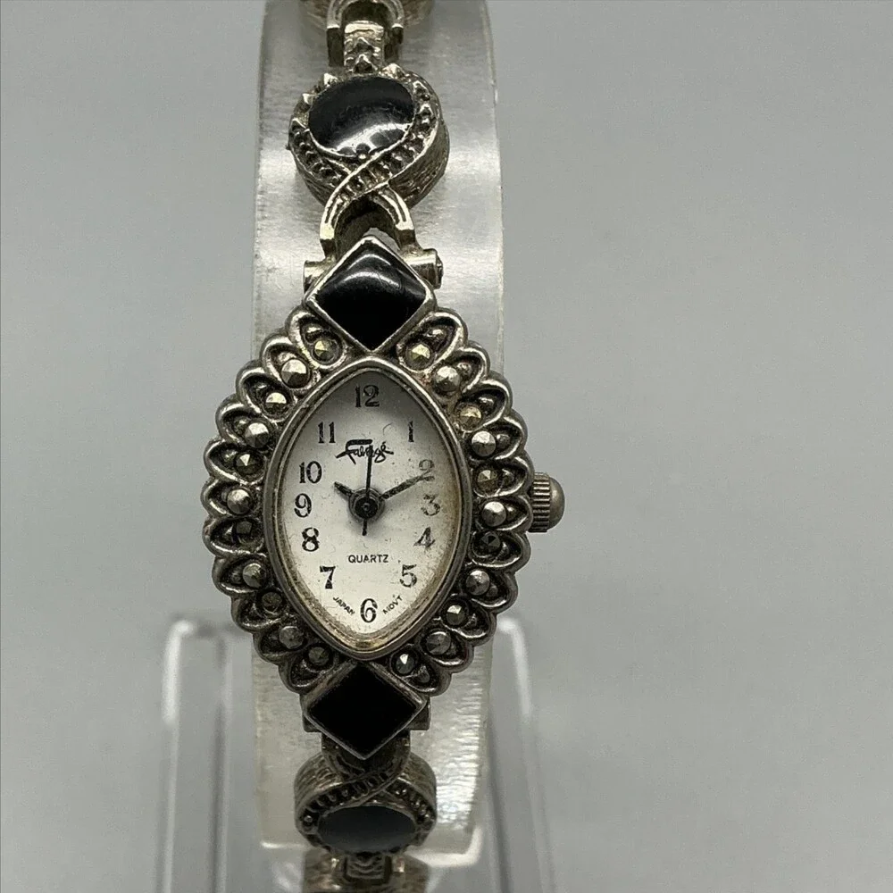 Vintage Fabrege Womens Watch 19mm Silver Tone Black Stone New Battery 7.25